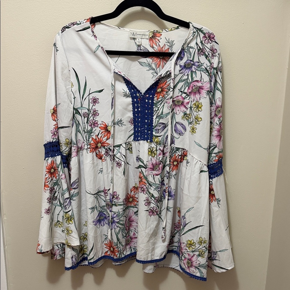 Neiman Marcus White Floral Tunic with Blue Crochet Detail
